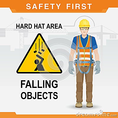 Safety at the construction site. Safety first. Falling objects. Hard hat area Vector Illustration