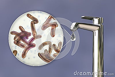 Safety of drinking water concept, bacteria Vibrio cholerae in water Cartoon Illustration