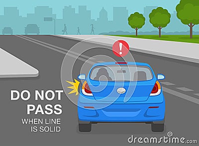 Safety driving rules. Use of street lines. Sedan car is passing one solid and broken line. Don`t pass when line is solid. Vector Illustration