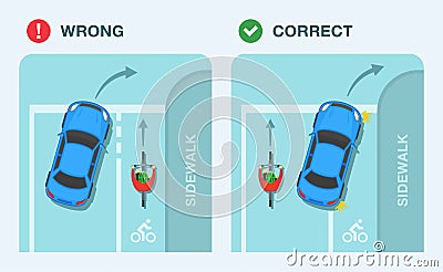Safety driving tips. Right turn and bike lane traffic rules. Sedan car and cyclist on a bicycle lane. Vector Illustration