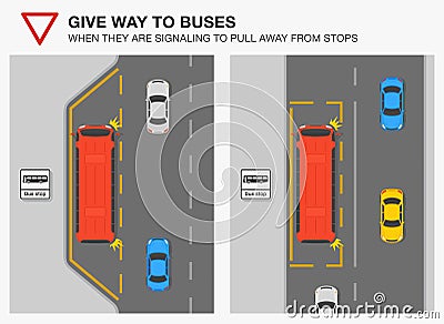 Give way and priority to buses when they are signaling to pull away from stops. Top view of a british bus stops. Vector Illustration
