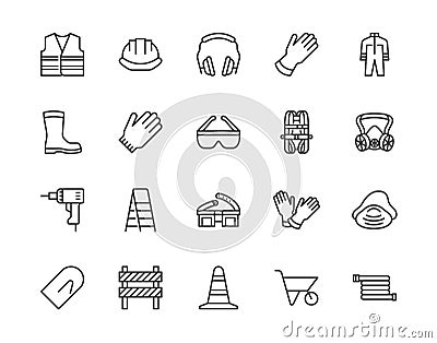 Safety equipment, required PPE flat line icons set. Protective gloves builder helmet respirator, harness vector Vector Illustration