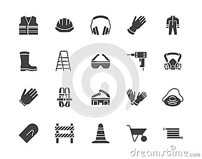 Safety equipment, required PPE flat silhouette icons set. Protective gloves builder helmet respirator, harness vector Vector Illustration