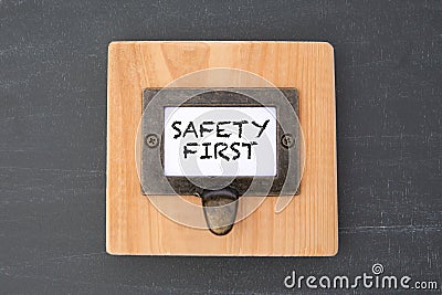 Safety First. File cabinet label. Chalkboard background Stock Photo