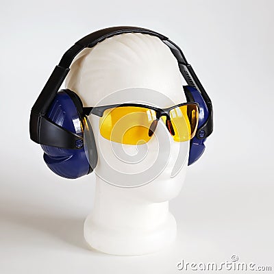 Safety headphones protection of hearing from noise, protective glasses, head of mannequin close-up Stock Photo