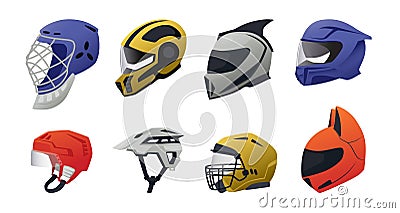 Safety helmet. Race driver and sport head protective equipment. Construction worker and engineer hardhat. Isolated motocross Vector Illustration