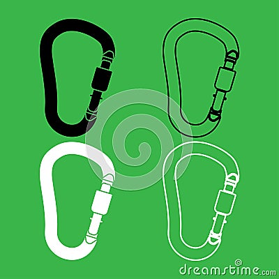 Safety hook or carabiner hook icon Black and white color set Vector Illustration