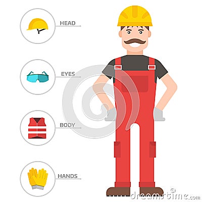 Safety industrial man gear tools flat vector illustration body protection worker equipment factory engineer clothing. Vector Illustration