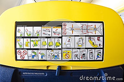 Ryanair plane, safety information panel Editorial Stock Photo