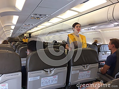 Safety instructions in the airplaine Editorial Stock Photo