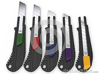 Safety knives with snap different coloured retract buttons Stock Photo