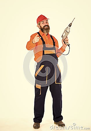 Safety measures. Drilling concept. Perforator and bit. Powerful drill. Buy drill. Toolbox tips drilling and fixing. Man Stock Photo