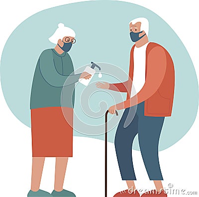 Safety measures for elderly people during coronavirus COVID-19 disease pandemic. Old couple wearing protective masks sanitizing Vector Illustration