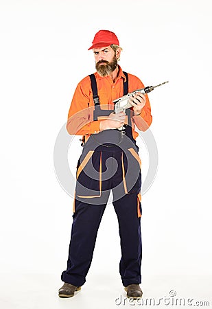 Safety measures. Powerful drill. Buy drill. Toolbox tips drilling and fixing. Man in cap with drills white background Stock Photo