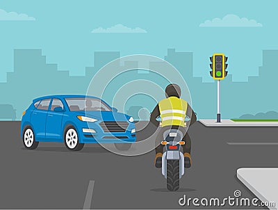 Dangerous left turn in front of a motorcycle. Road accident involving a car and a motorcycle. Vector Illustration