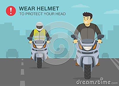 Safety motorcycle driving rule. Wear your helmet to protect your head safety warning poster design. Vector Illustration