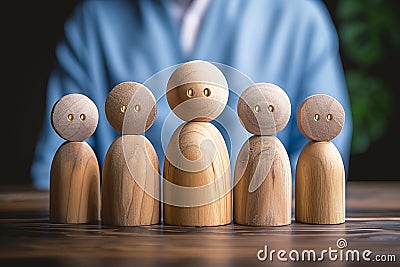 Safety and protection Wooden dolls and icons represent insurance management Stock Photo