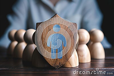 Safety and protection Wooden dolls and icons represent insurance management Stock Photo