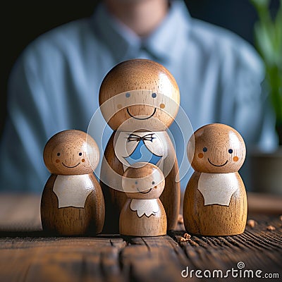 Safety and protection Wooden dolls and icons represent insurance management Stock Photo