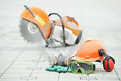 Safety protective equipment and disc cutter Stock Photo