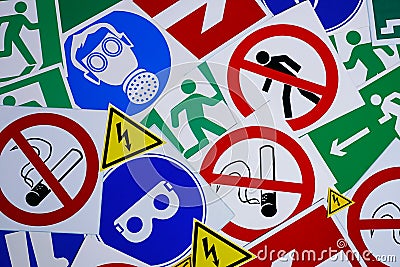 Safety signs and symbols Stock Photo