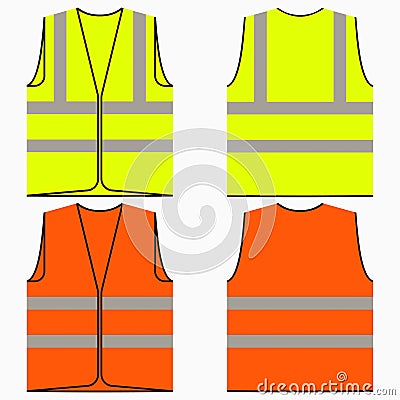 Safety vest. Set of yellow and orange work uniform with reflective stripes. Vector. Vector Illustration