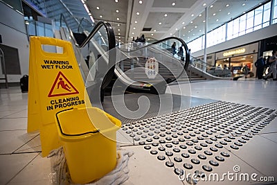 Safety workplace caution wet floor warning sign on the floor surfaces Stock Photo