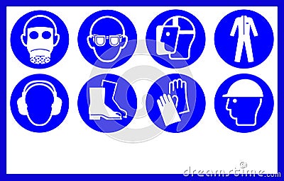 Safety workwear and equipment . Mandatory workplace signs, with copy space Stock Photo