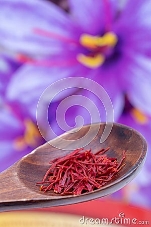 Saffron background. Selective focus on red saffron spice threads or strands in a rustic wooden spoon against blurred safran crocus Stock Photo