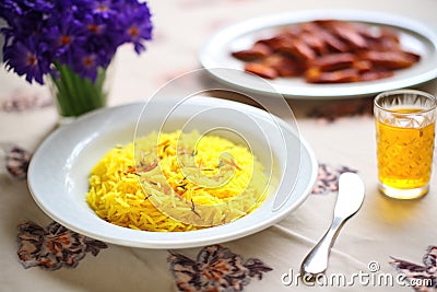 saffron flowers next to a finished plate of risotto milanese Stock Photo