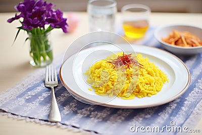 saffron flowers next to a finished plate of risotto milanese Stock Photo