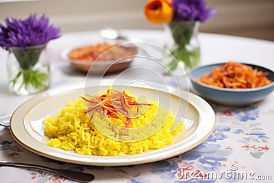 saffron flowers next to a finished plate of risotto milanese Stock Photo