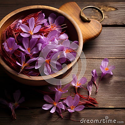 Saffron flowers in wooden bowl on a wooden background Stock Photo