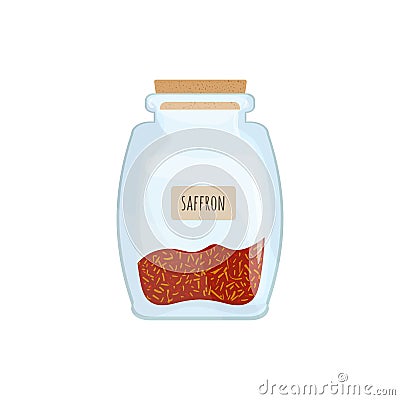 Saffron preserved in glass jar isolated on white background. Piquant condiment, oriental food spice, spicy cooking Vector Illustration
