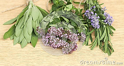 Sage, lavender and thyme fresh bunches on the table, closeup Stock Photo