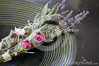 Sage, Rose and Lavender Smudge Sticks for Cleansing the Environment Stock Photo