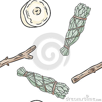 Sage smudge sticks and candles hand-drawn boho seamless pattern. Rustic texture background Vector Illustration