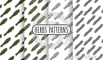 Sage smudge sticks hand-drawn boho seamless patterns set. Herbs bundle background tiles collection Vector Illustration
