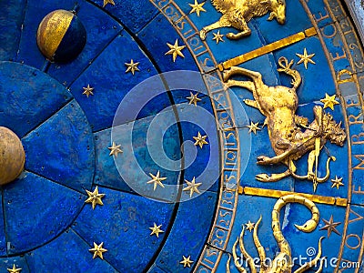 Sagittarius astrological sign on ancient clock. Detail of Zodiac wheel with Sagittarius Stock Photo