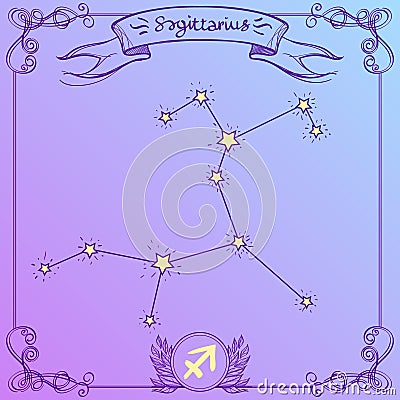 Sagittarius constellation on a purple background. Schematic representation of the signs of the zodiac Stock Photo