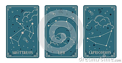 Sagittarius Leo and Capricornus zodiac symbols surround clouds and stars Vector Illustration