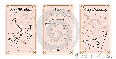 Sagittarius Leo and Capricornus zodiac symbols surround clouds, stars Vector Illustration