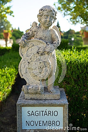 Sagittarius sign represented by stone statue. Episcopal garden of Castelo Branco Stock Photo