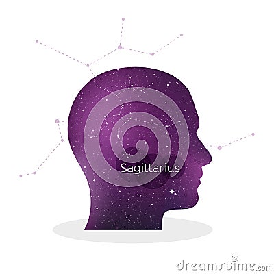 Sagittarius zodiac sign. Man portrait in profile. Horoscope symbol, linear constellation. Star universe texture. Vector Vector Illustration