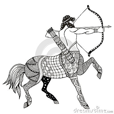 Sagittarius zodiac sign vector illustration, zentangle stylized, freehand pencil, hand drawn, pattern, horoscope sign, the archer. Vector Illustration