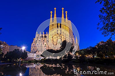 Sagrada Familia Cathedral at night, Barcelona, Spain Editorial Stock Photo