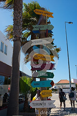 At Cape Saint Vincent, in the end of Europe, colorful signals show the distance in Km to many cities worldwide Editorial Stock Photo