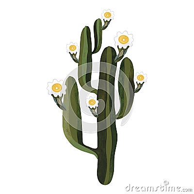 Saguaro. Blooming cactus with white and yellow flowers. Plants for the home. Floriculture. Desert flora. Isolated Cartoon Illustration