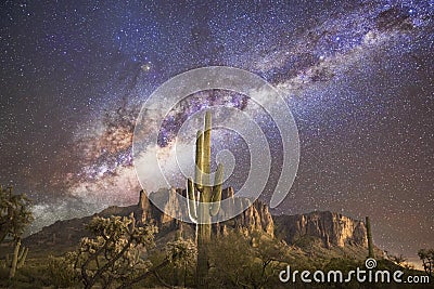 Saguaro Cactus & the Milky Way @ Superstition Mountains Stock Photo