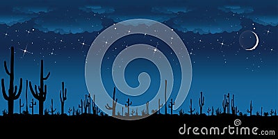 Saguaro Cactus at night. Vector Illustration